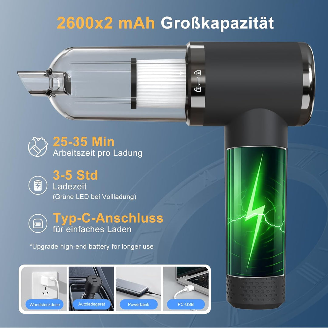Handstaubsauger Akku, 22000Pa Mini Staubsauger Auto mit 25–35 Minuten, 4 in 1 Autostaubsauger Kabell