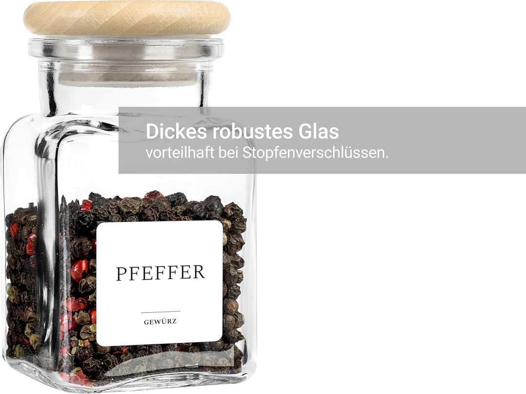 GIESSLE® 15 Gewürzgläser mit MASSIVHOLZ Deckel (ohne Leim) und 97 abwischbaren Etiketten im Set