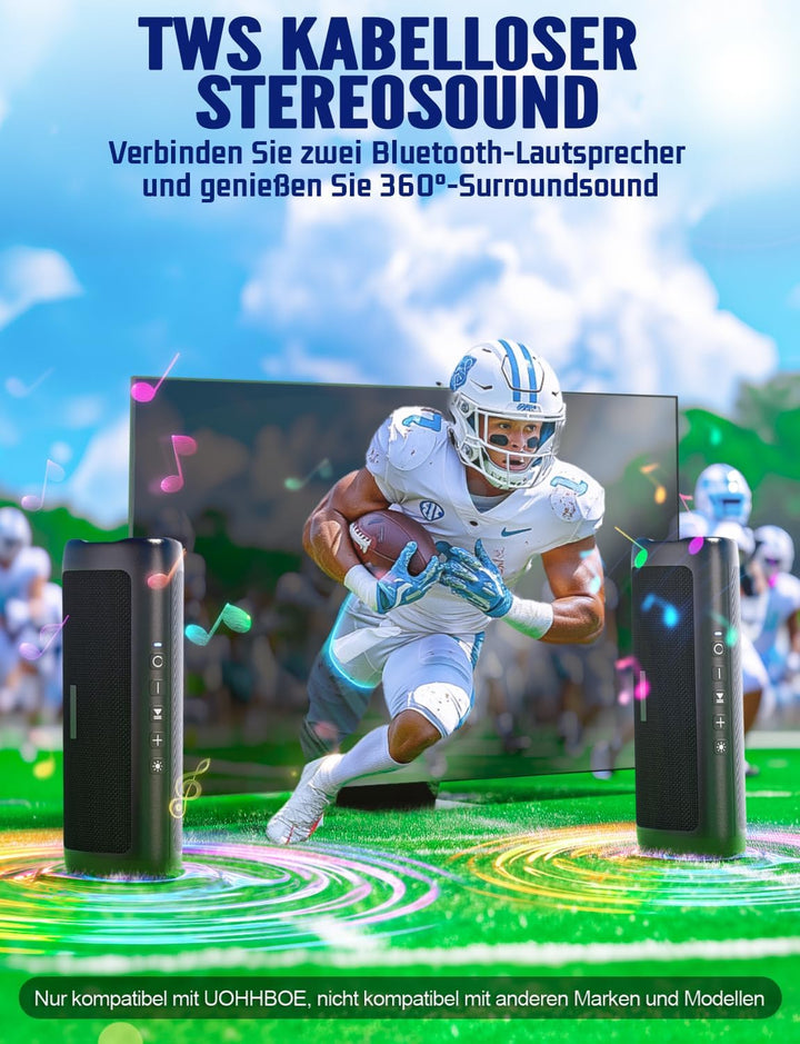 UOHHBOE Bluetooth Lautsprecher Bluetooth 5.3 Tragbarer Kabelloser Musikbox mit TWS Stereo RGB Lichte