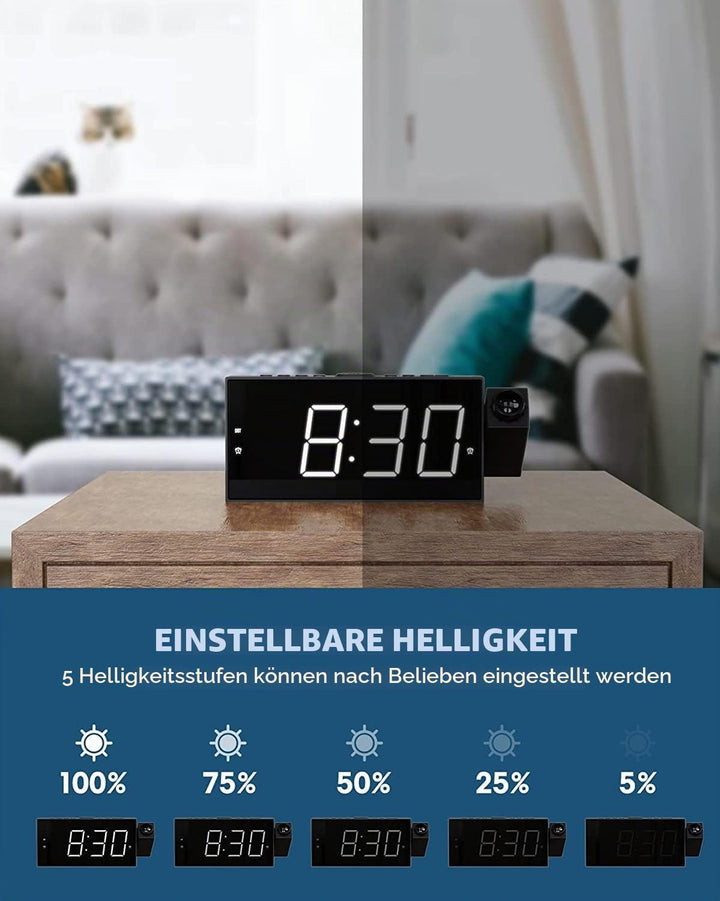 ROCAM Wecker mit Projektion für Schlafzimmer, LED Projektionswecker an der Decke mit USB Ladegerät,