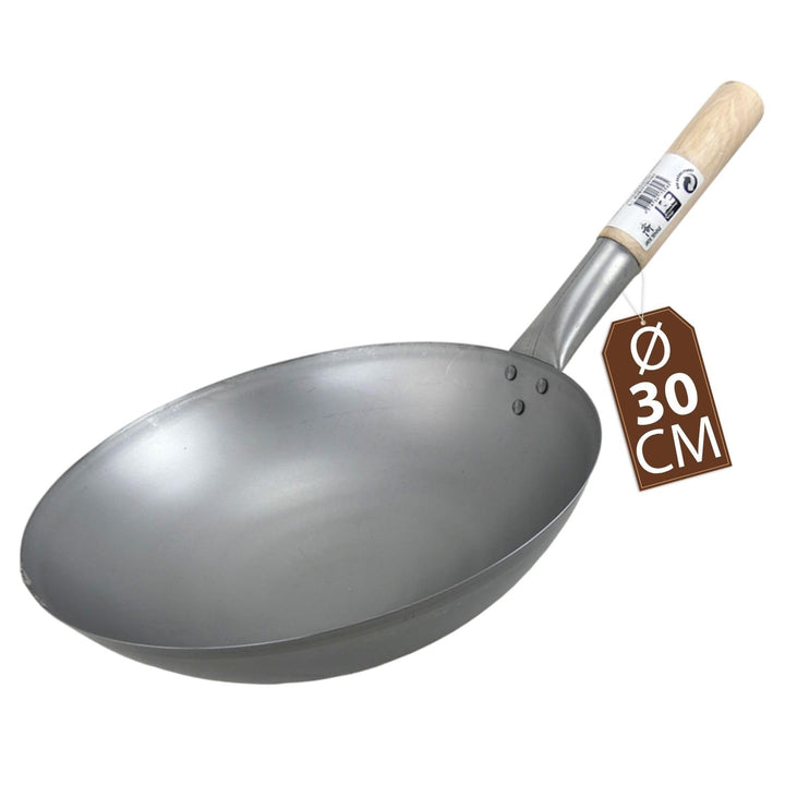 JADE TEMPLE Wok aus Carbonstahl mit 30 cm Durchmesser, mit rundem Holzgriff, Grau Durchmesser 30 cm