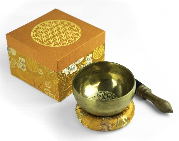 Klangschalen-Set mit Gravur Blume des Lebens Grösse L: Traditionelle Klangschale mit Gravur Blume de