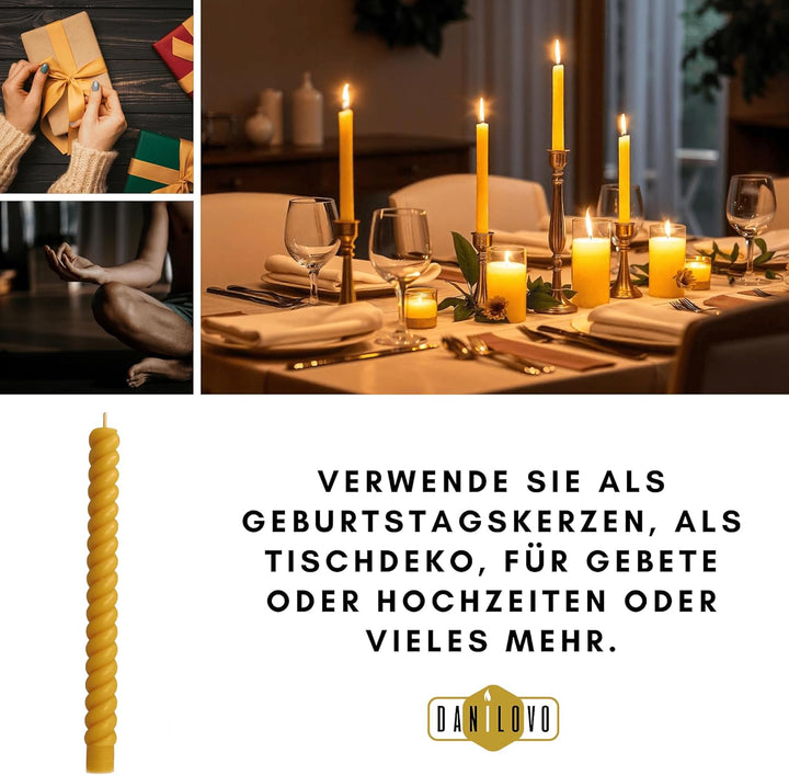 Danilovo Stabkerzen Bienenwachskerzen 4 Stück – Natürliche, Nachhaltige, Lang Brennende Bienenwachsk
