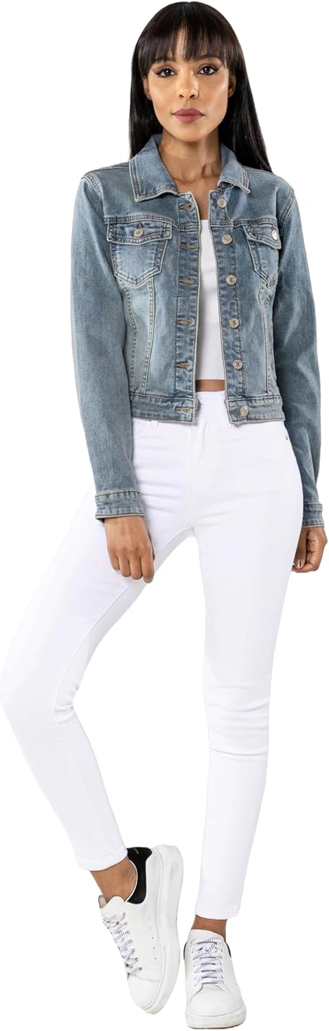Nina Carter S338 Damen Jeansjacke Übergangsjacke Leichte Waschungseffekt Jacke Blau Denim Casual S V