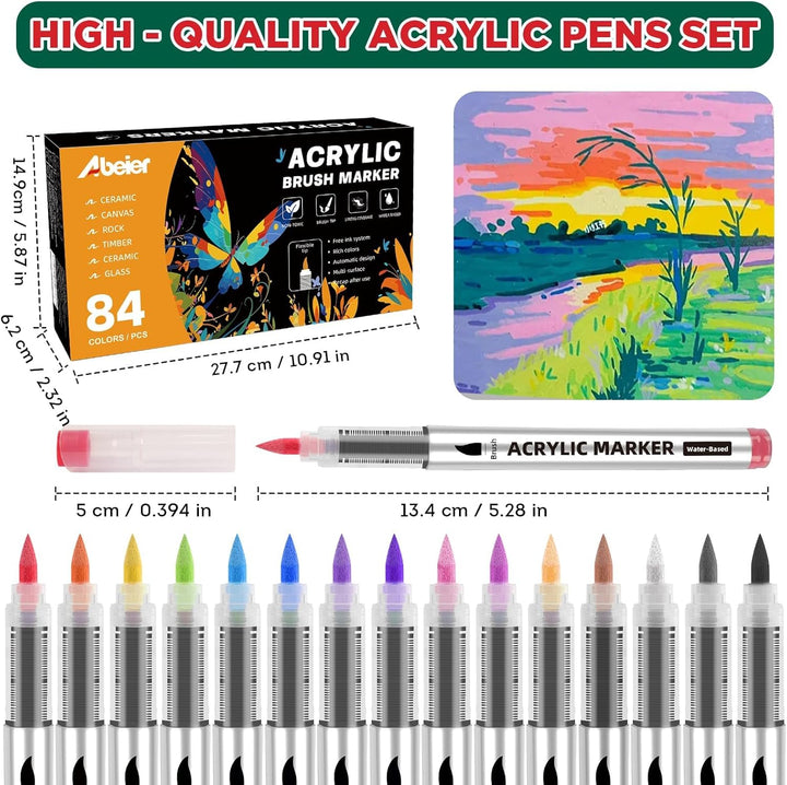 ABEIER 84 Farben Acrylstifte für Steine Wasserfest Brush Tip Acrylic Pens Set, Acrylmarker Schnelltr