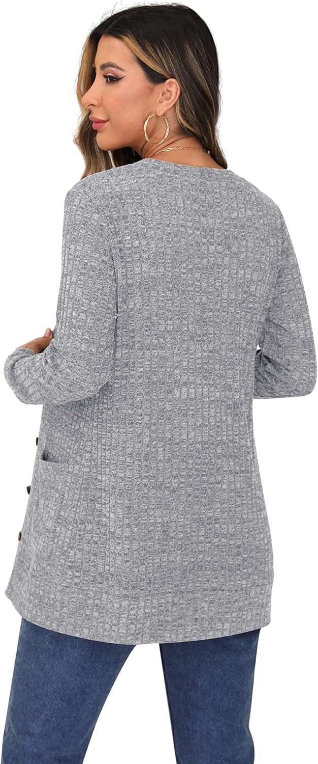 GRECERELLE Damen Leichte Strickjacke Lang mit Taschen und Knöpfen Long Elegant Cardigan V-Ausschnitt