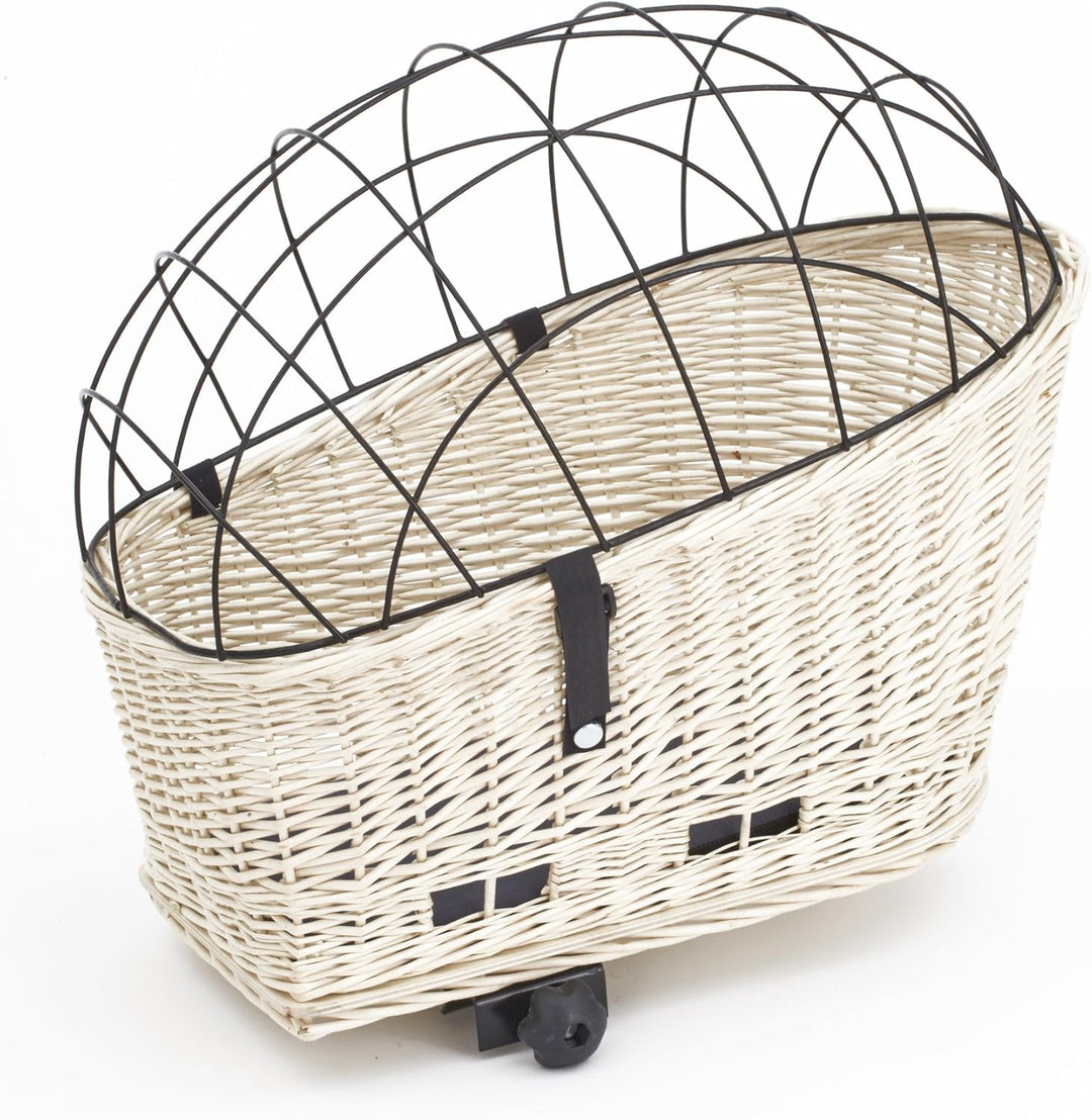 Tigana - Hundefahrradkorb für Gepäckträger aus Weide 56 x 36 cm Weiss mit Metallgitter Tierkorb Hint