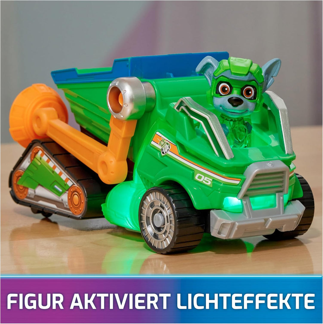 Spin Master PAW Patrol: Der Mighty Kinofilm, Superhelden-Basis-Fahrzeug von Rocky mit Welpenfigur, M