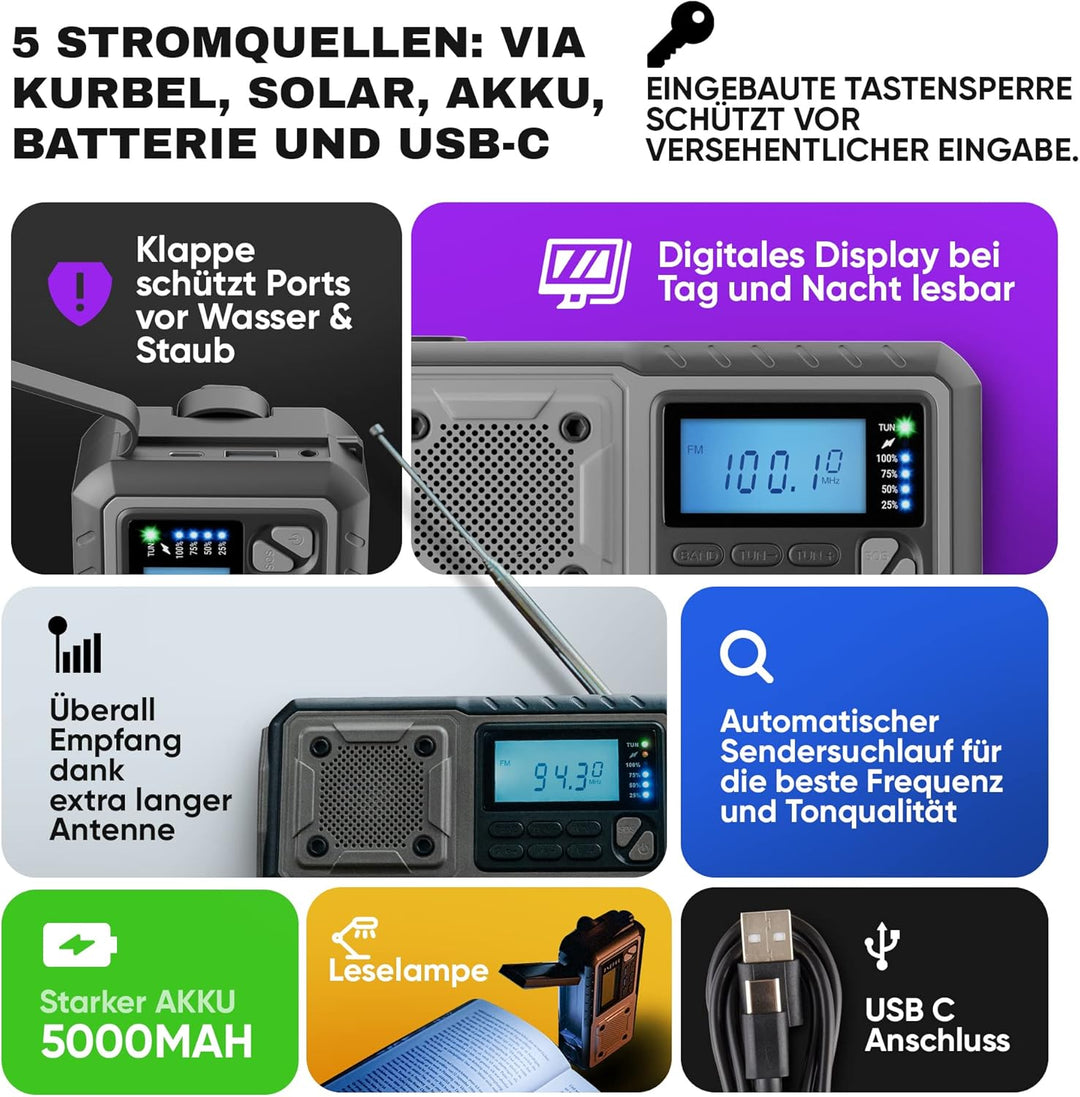 Acta Berg Kurbelradio | Notfallradio mit Kurbel & 5000 mAh Akku | Solar Radio mit Weltempfänger | Ha
