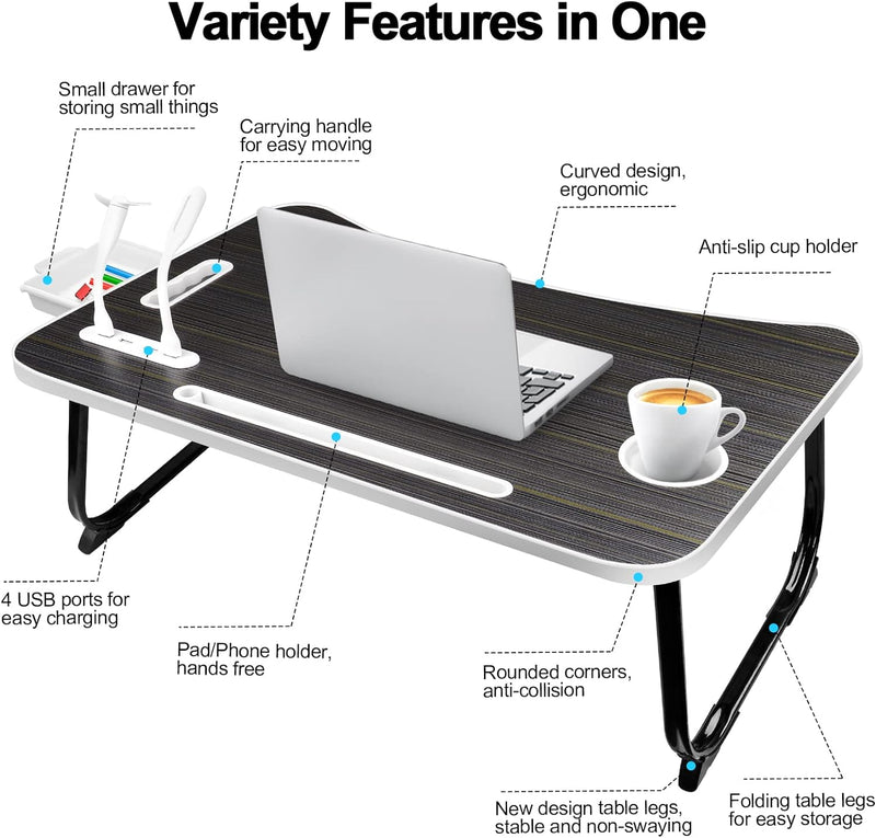 AirOpen Laptoptisch fürs Bett, Klappbar Betttisch mit 4 USB Ladeanschluss, Schublade, Tablet Ständer