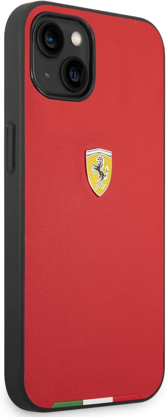 Ferrari Handyhülle für iPhone 14 Plus in Rot mit italienischer Flagge Linie, PU Leder Schutzhülle &