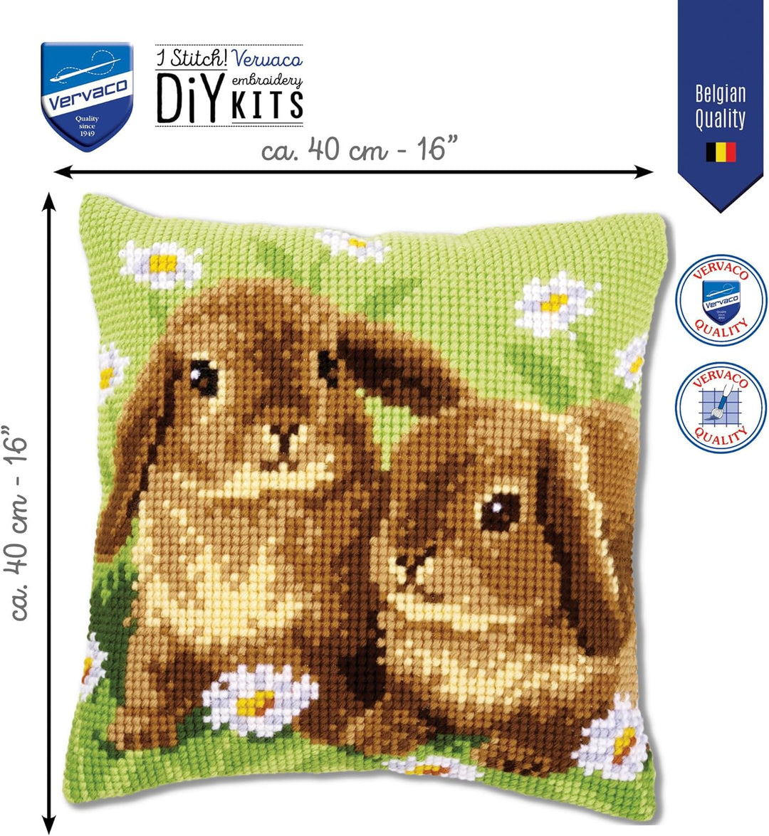 Vervaco Kreuzstichkissen 2 Kaninchen Kreuzstickpackung vorgedruckt, Stramin, weiss, 40 x 40 x 0,3 cm