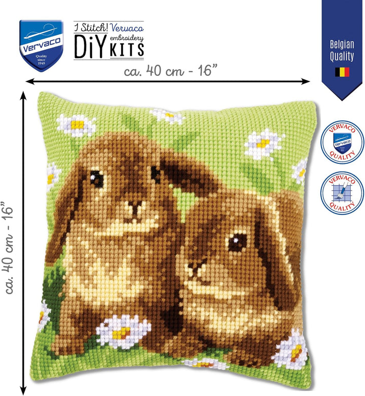 Vervaco Kreuzstichkissen 2 Kaninchen Kreuzstickpackung vorgedruckt, Stramin, weiss, 40 x 40 x 0,3 cm