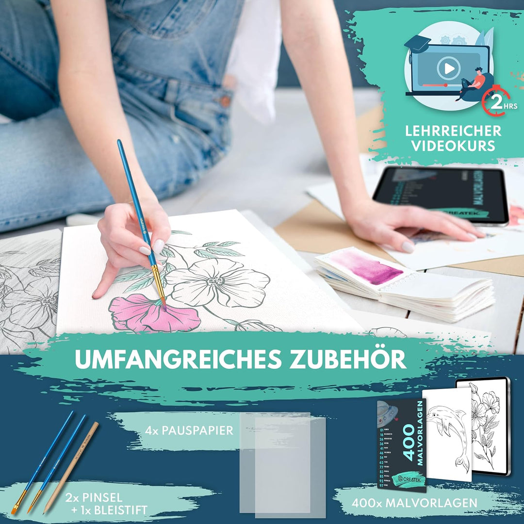 CreaTek Aquarellpapier A4 300 g Einschliesslich 2-Stunden-Videokurs 30 Blatt Aquarellblöcke + 2 Pins