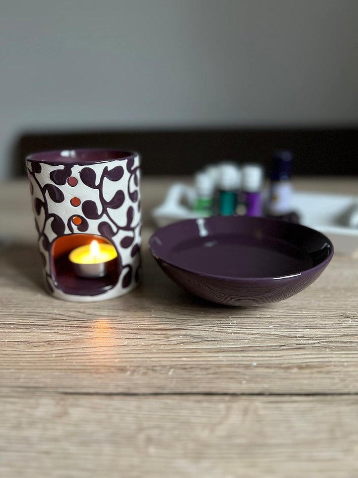 Duftlampe Liane Aubergine, grosse, abnehmbare Schale, Fair Trade, Aromalampe aus Keramik