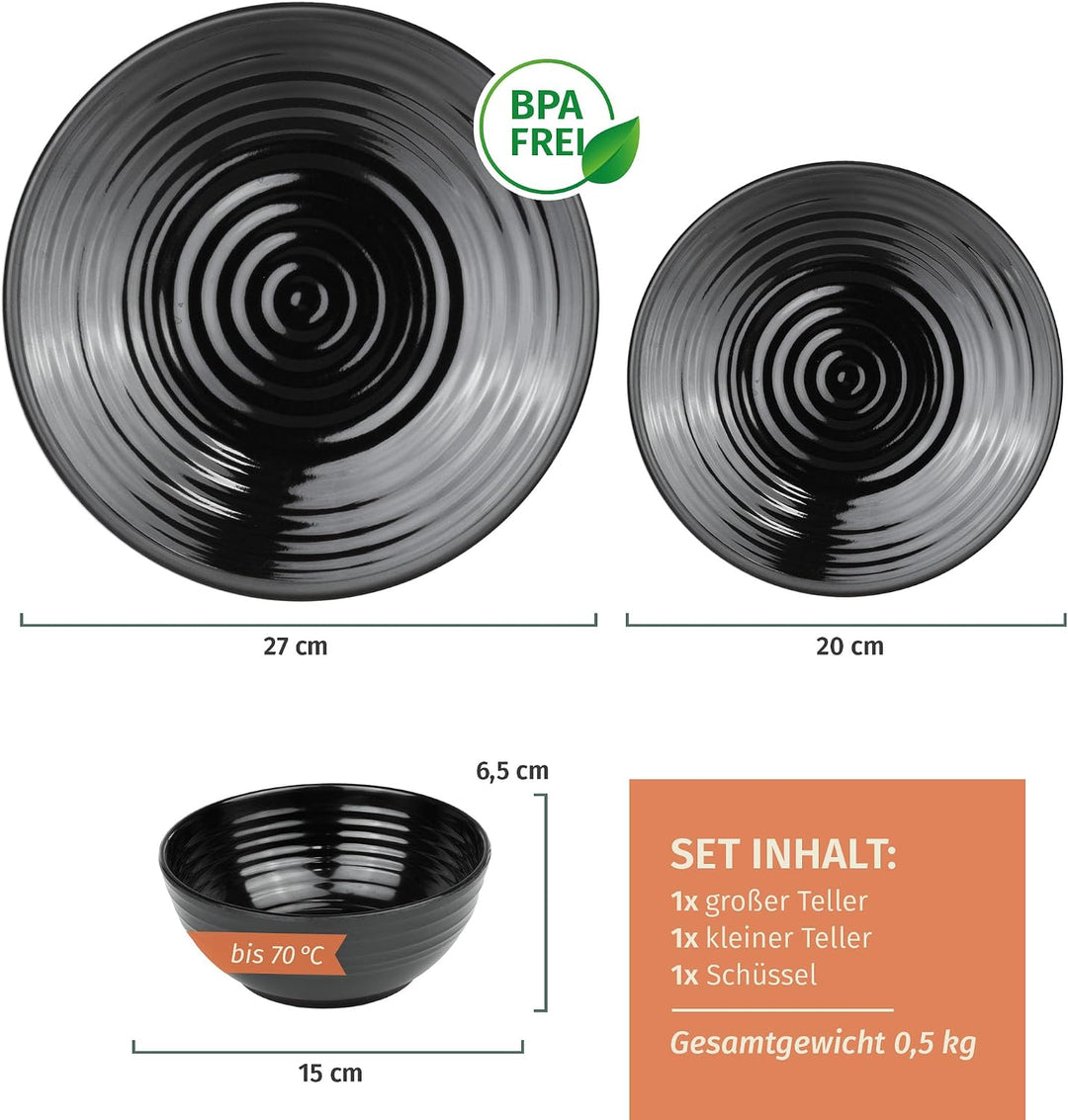 Camping Geschirr Set 1 Person 3-teilig | Melamin | Picknick Geschirrset | Campinggeschirr Stone Dark