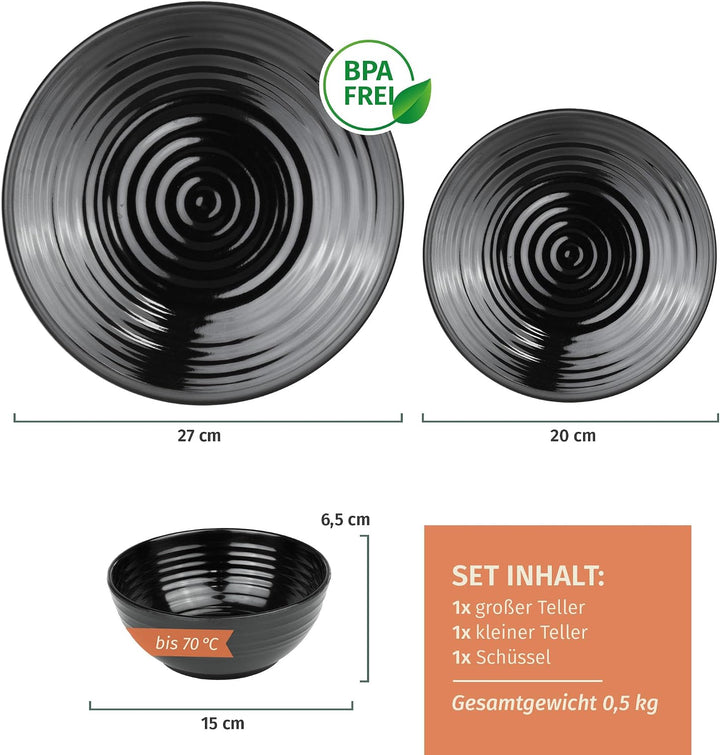 Camping Geschirr Set 1 Person 3-teilig | Melamin | Picknick Geschirrset | Campinggeschirr Stone Dark
