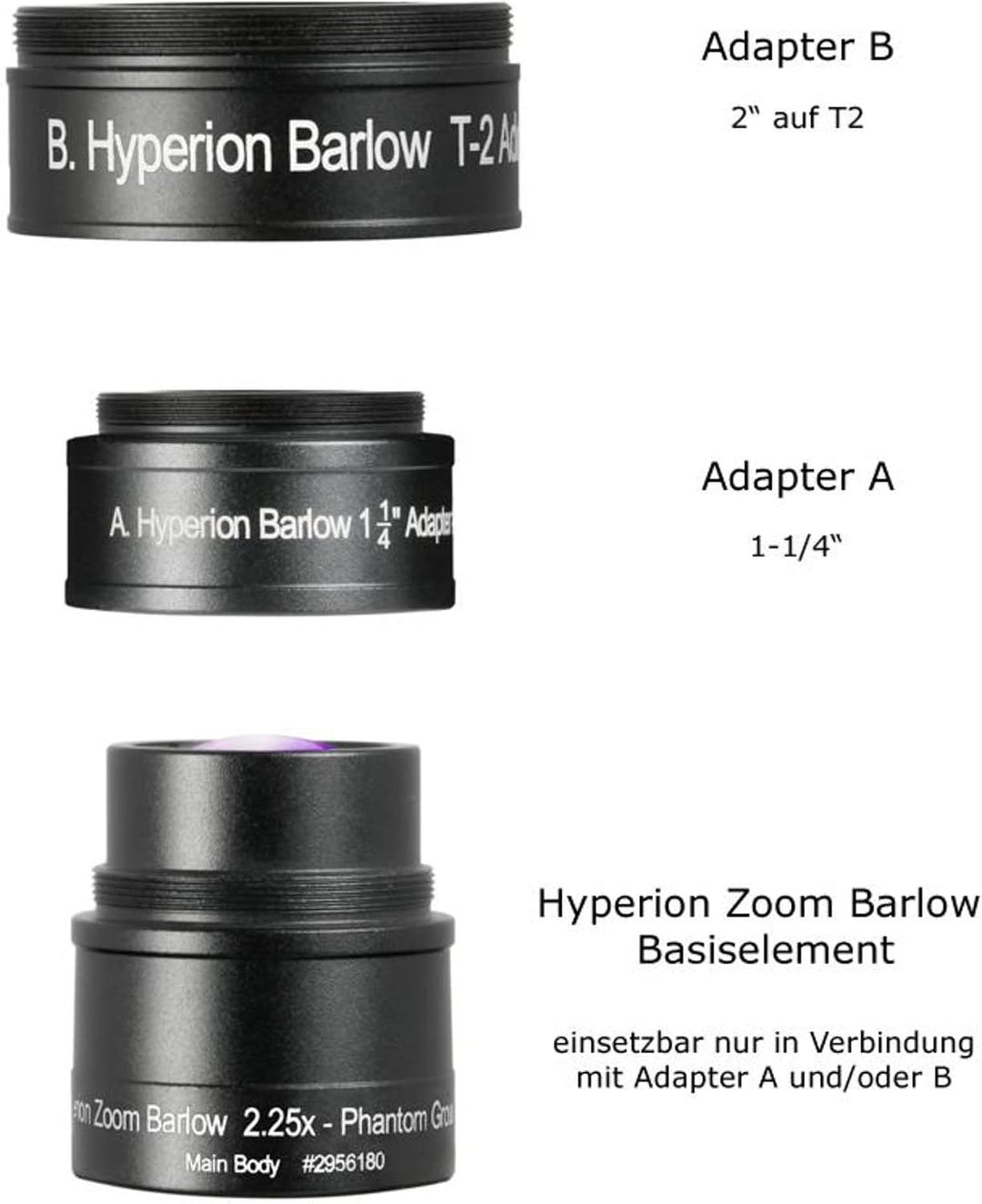 Baader Planetarium Hyperion Barlowlinse 2.25x, deckt mit Hyperion Zoom alle Brennweiten von 3,6-24mm