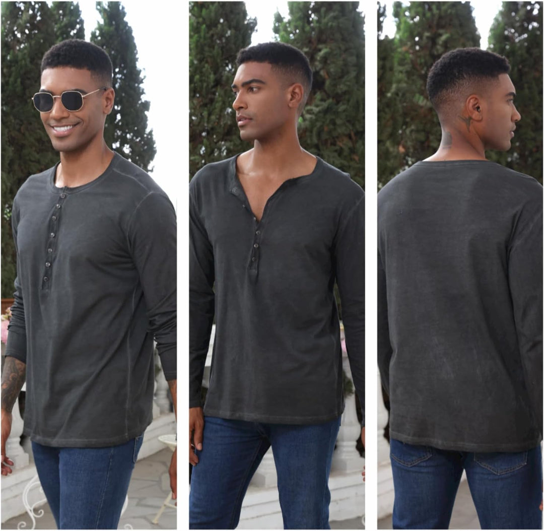 YawYews Henley Shirt Herren Langarm Langarmshirt Herren Longsleeve T Shirt Vintage Tshirt Baumwolle