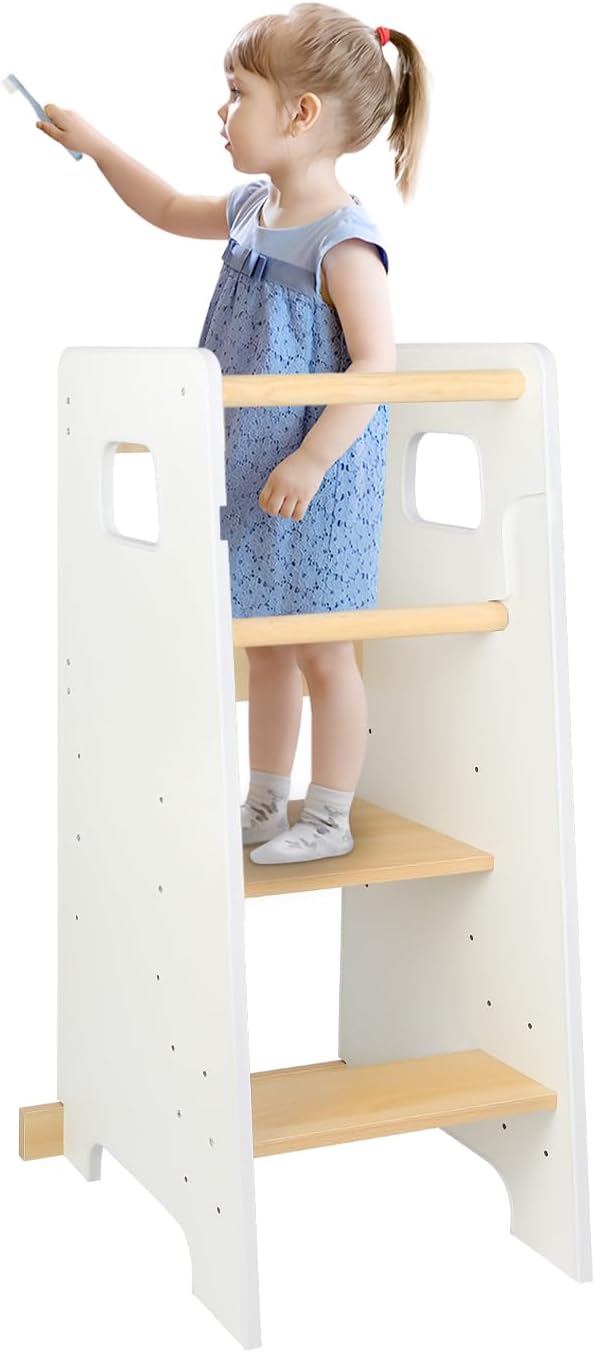 OHMG Lernturm ab 1 Jahr,Learning Tower,Höhenverstellbar Montessori Lernturm mit Kippschutz,Massiv un