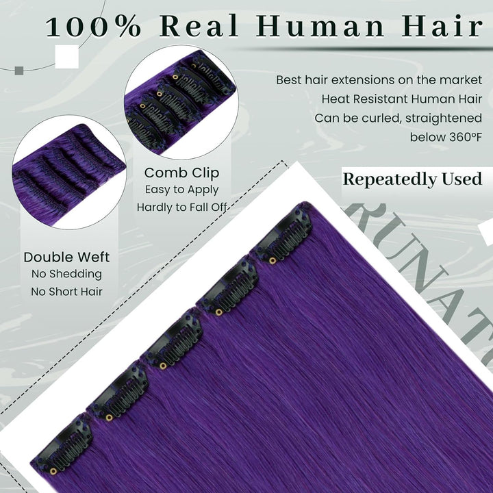 RUNATURE Clip in Extensions Echthaar 45cm Purple Haarverlängerung clip Echthaar Unsichtbar 5pcs Clip