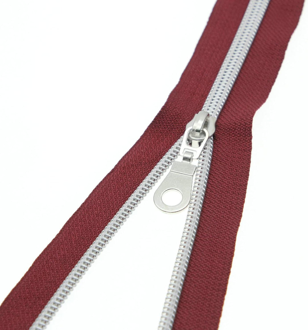 #5 Metallic Nylonspulen-Reissverschlüsse Meterware 10 Yards wein rotes Klebeband mit 25 Stück Silber