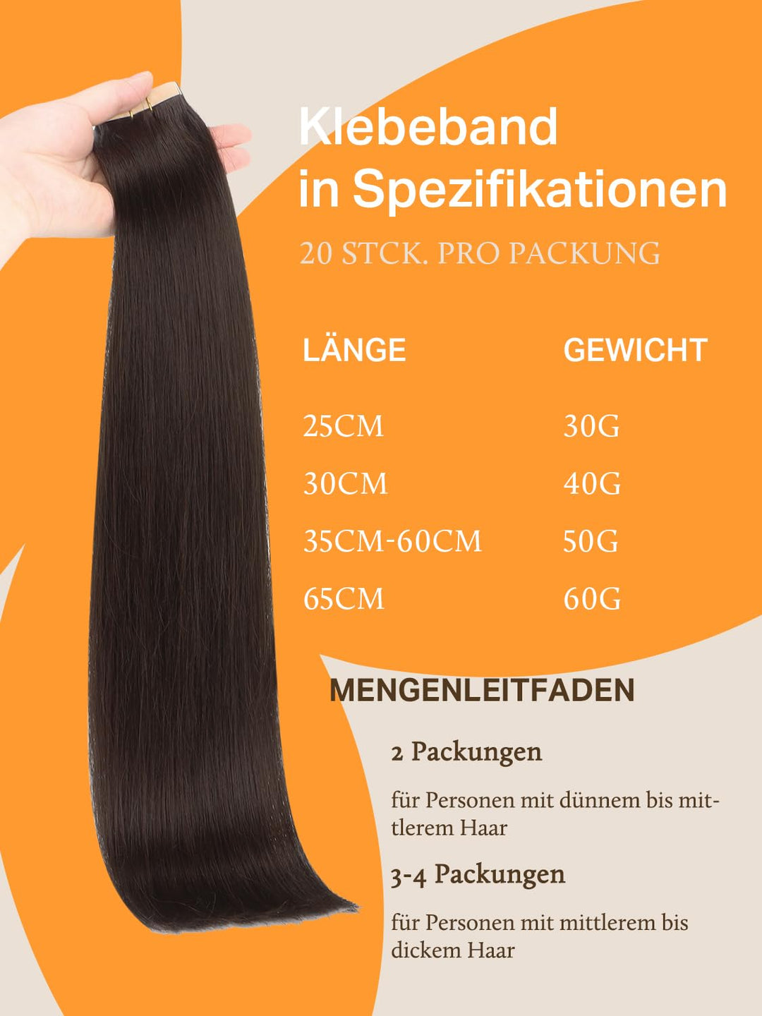 DOORES Kleber in Haarverlängerungen, Helles Dunkel Braun 35cm (14zoll) 50g 20pcs, Haarverlängerung E
