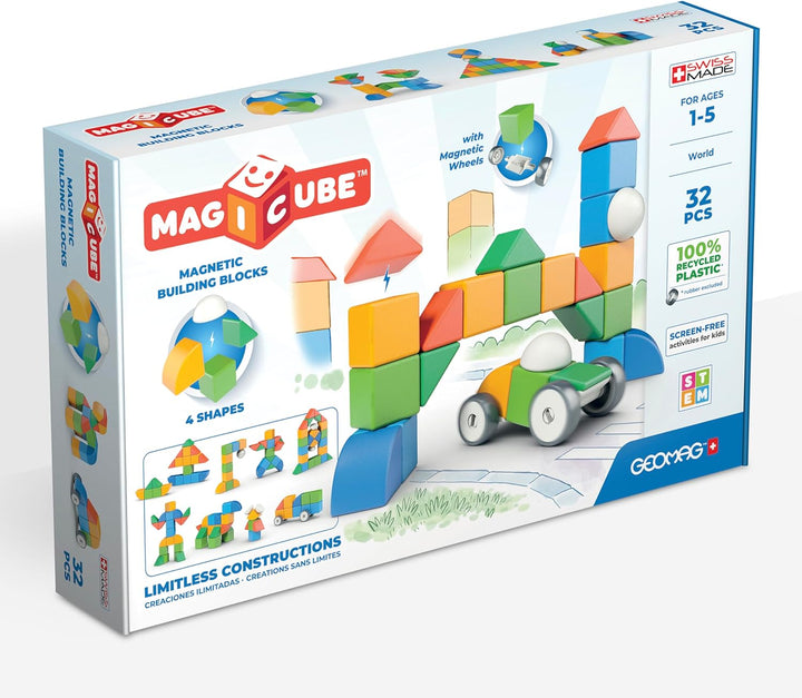 GEOMAG - MAGICUBE 32 Teile - Magnetische Stapelbausteine für Kinder ab 1 Jahr - 4 Farben & Formen mi