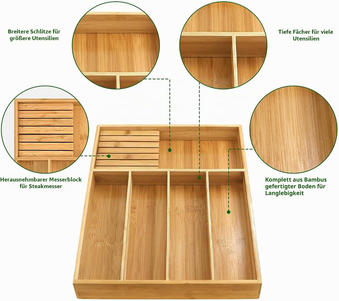 VaeFae Bambus-Besteck-Organizer, Utensilienhalter für Schublade, Holzbesteckablage mit Trennwand für