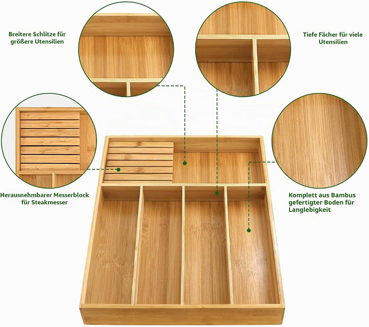VaeFae Bambus-Besteck-Organizer, Utensilienhalter für Schublade, Holzbesteckablage mit Trennwand für