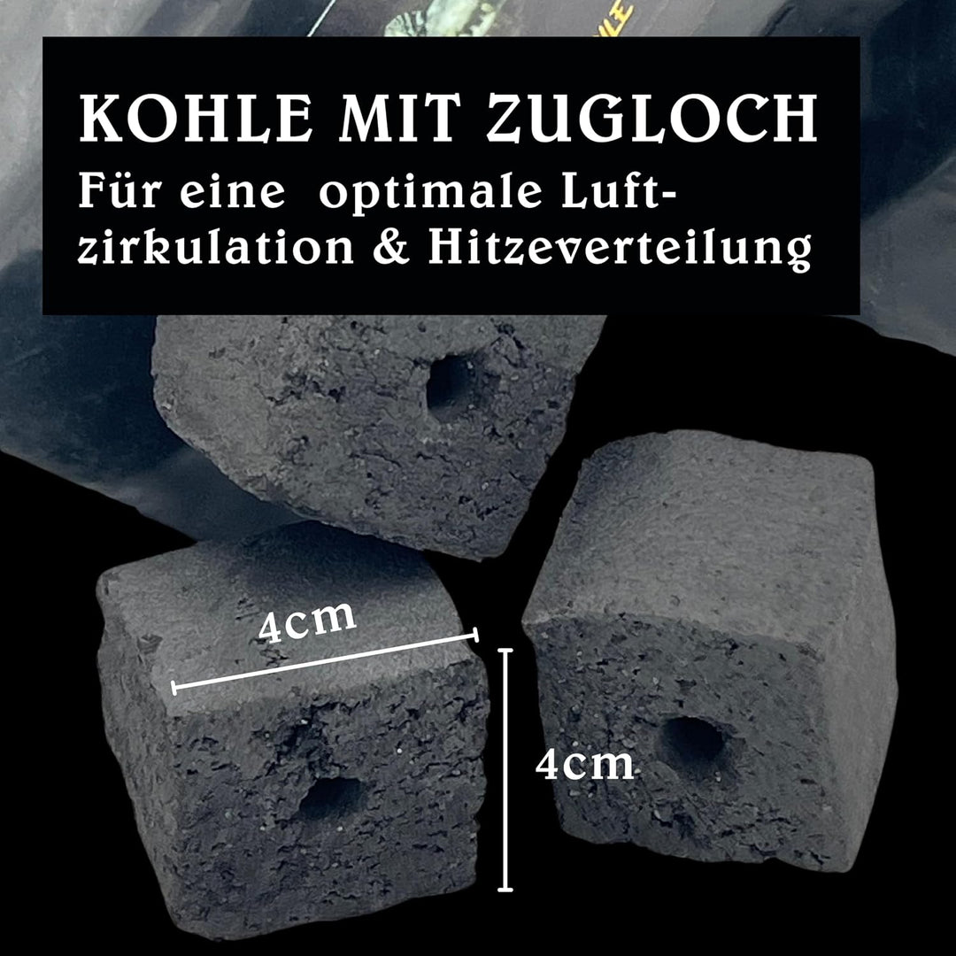 Kokosnuss Kohle Cubes 40x40mm 3kg I Kohlewürfel mit Zugloch I Nachhaltige Naturkohle mit Langer Bren