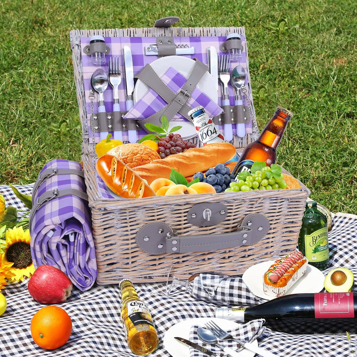 HYBDAMAI Picknickkorb Set für 4 Person mit Kühlfach und wasserdichte Picknickdecke, Abnehmbarer Riem
