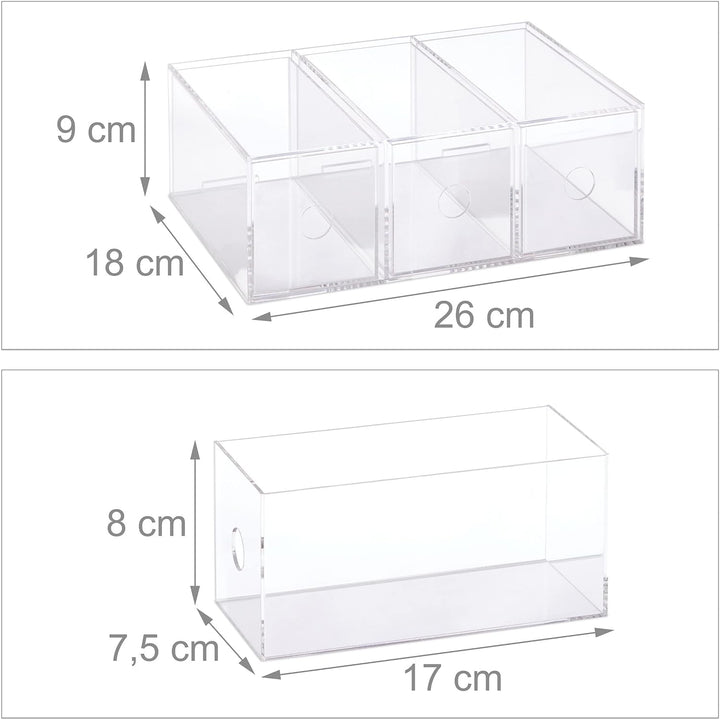 Relaxdays Teebox, Acryl, 3 Schubladen, HxBxT: 9 x 26 x 18 cm, Teebeutel Aufbewahrungsbox, Schubladen
