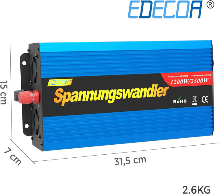 EDECOA Spannungswandler 1200w wechselrichter 12v auf 230v Spannungswandler modifizierter 12v 230 mit
