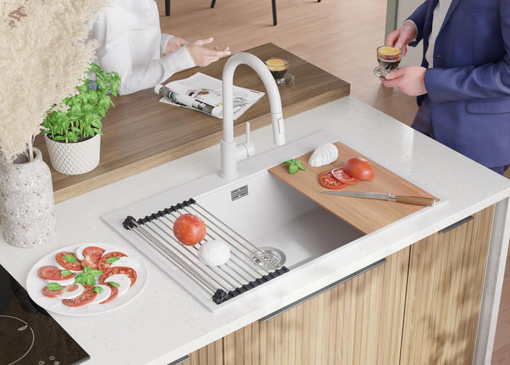 PRIMAGRAN Granitspüle Weiss 78x50cm, Spülbecken 1 Becken + Ablauf-Set + Küchenarmatur 40x22cm, Küche