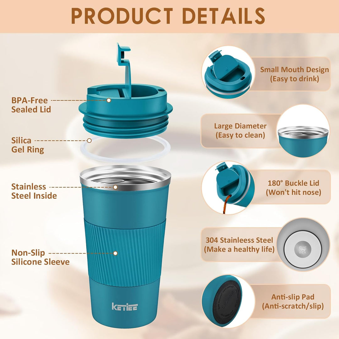 KETIEE Kaffeebecher to go,510ml Thermobecher Kaffee-to-go,Kaffeebecher Thermo,Doppelwandig Reisebech