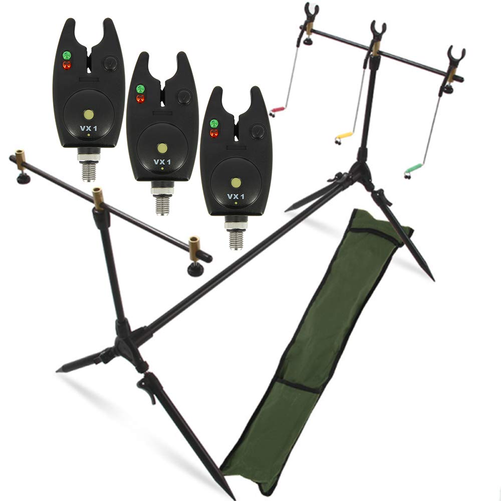 G8DS® Set Rod Pod Rutenhalter + Tragetasche inklusive 3 Bissanzeiger mit Lautstärkeregler Karpfen An