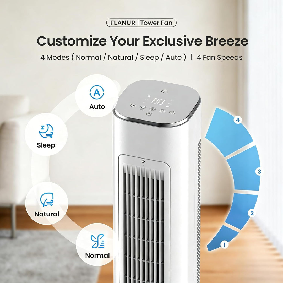FLANUR Turmventilator, 23dB Ventilator Leise mit Kühlung, 108cm WiFi Alexa Tower Fan mit Fernbedienu