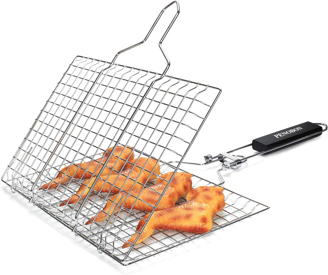 penobon Fisch-Grillkorb, faltbar, tragbarer Edelstahl-Grillkorb für Fischgemüse, Garnelen mit abnehm