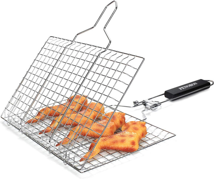 penobon Fisch-Grillkorb, faltbar, tragbarer Edelstahl-Grillkorb für Fischgemüse, Garnelen mit abnehm