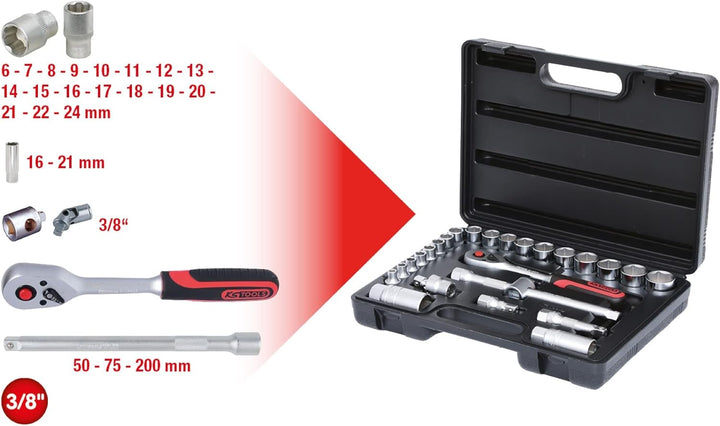 KS Tools 911.0626 3/8 Zoll Steckschlüssel-Satz | inklusive Umschaltknarre, 45-Zahn | matt satiniert