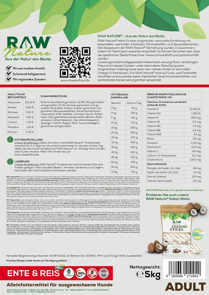 RAW Nature Trockenfutter Adult mit Ente 1kg, kaltgepresstes Hundefutter, Getreidefrei, 100% Muskelfl