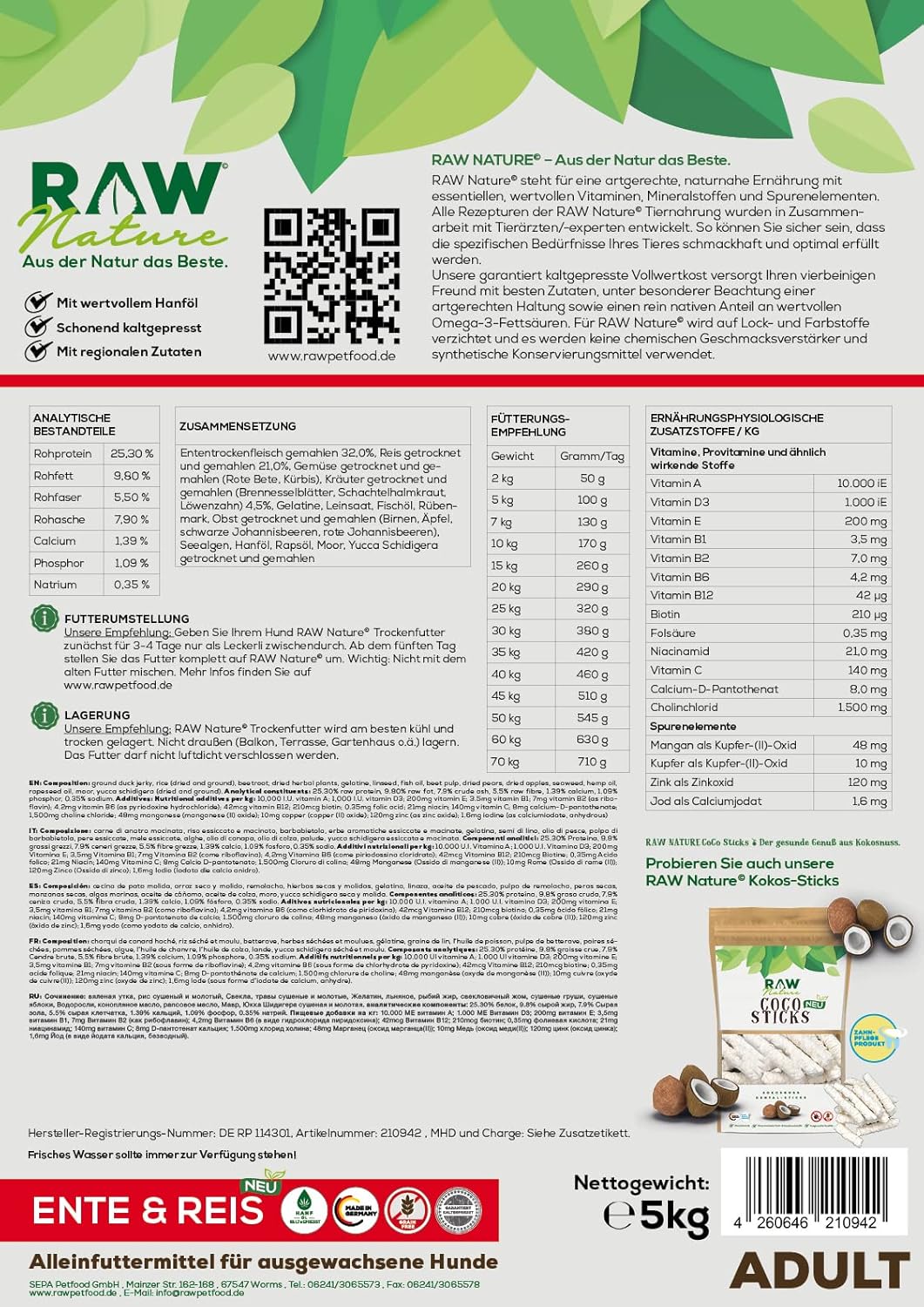 RAW Nature Trockenfutter Adult mit Ente 5kg, kaltgepresstes Hundefutter, Getreidefrei, 100% Muskelfl
