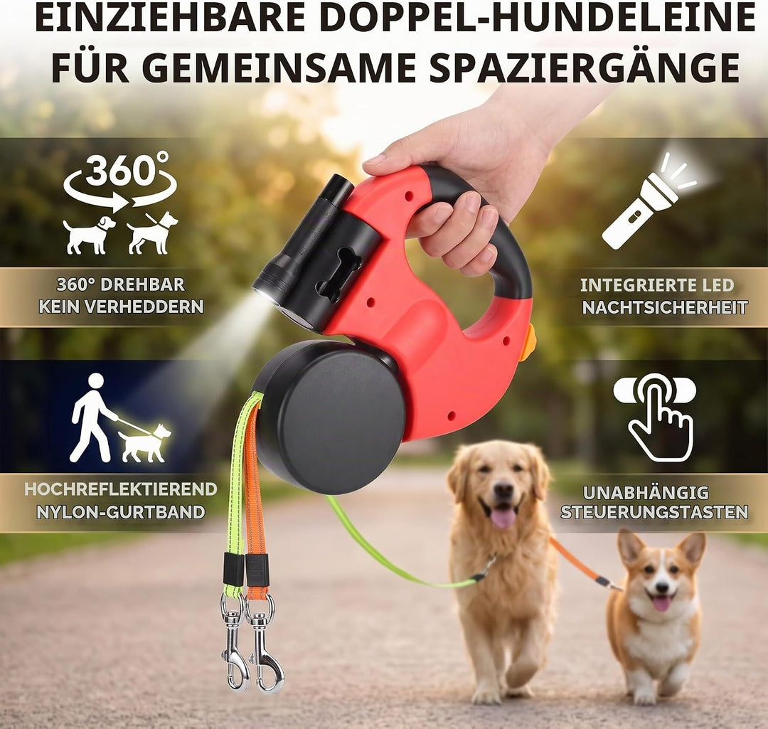 lyrlody Rollleine für Hunde, Leine für 2 Hunde, 360° Verwicklungsfreie Ausziehbare Leine mit LED-Leu