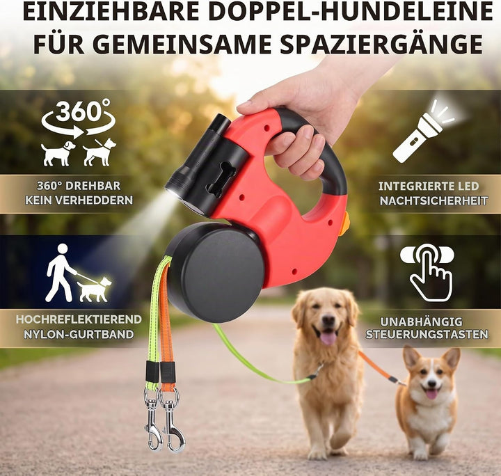 lyrlody Rollleine für Hunde, Leine für 2 Hunde, 360° Verwicklungsfreie Ausziehbare Leine mit LED-Leu