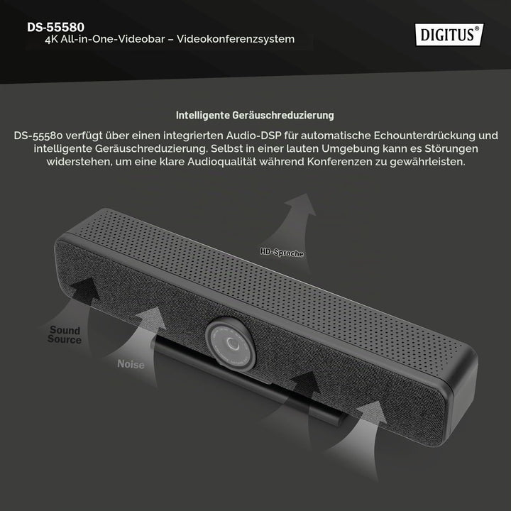 DIGITUS DS-55580 Video Bar Pro, Video-Konferenz-System – 4K UHD 30 Hz ePTZ Webcam Kamera – 1 Tischmi