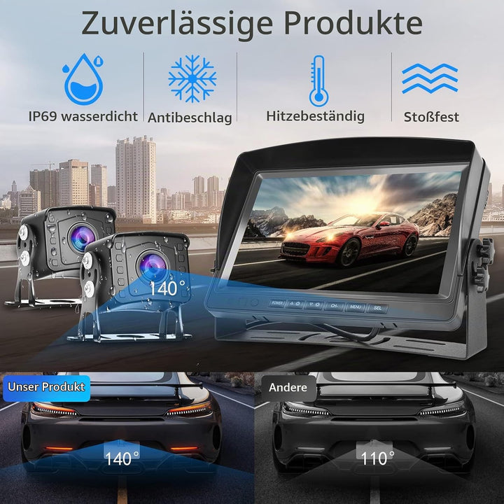 Dual Backup Kamera Rückfahrkamera System, Videoaufzeichnung 9 Zoll LCD Monitor DVR, IP69 Wasserdicht