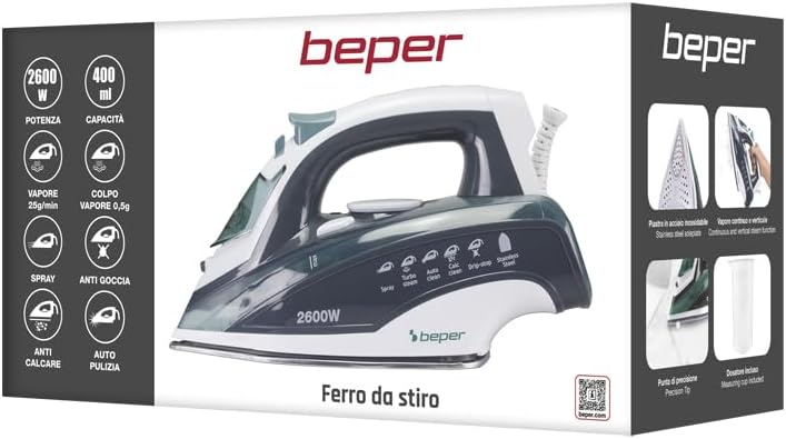 BEPER P204FER003 Bügeleisen, 400 ml, 2600 W, Stahlplatte, Trocken/Dampfbügeln, einstellbare Temperat