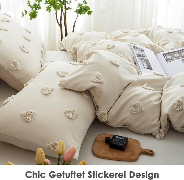 Freyamy Böhmen Bettwäsche 200x220cm 3teilig Beige Getuftet Herz Boho Bettwäsche Stickerei Shabby Chi