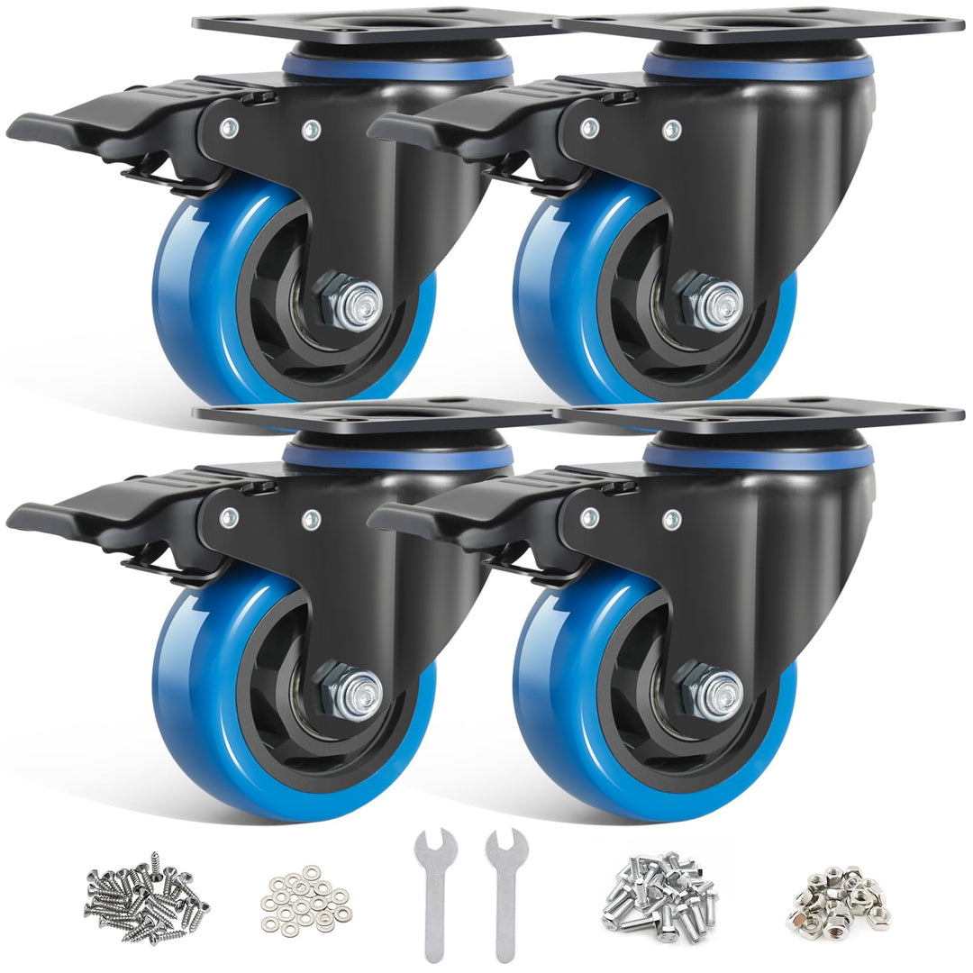BAOLIHUI 75mm Blaue Lenkrollen 4pcs-Set Möbelrollen bis 500KG, 360° Drehung Schwerlastrollen mit Bre